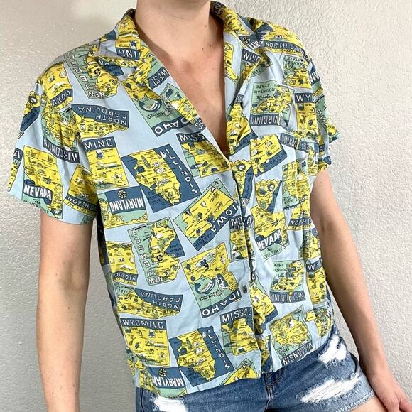Vintage road trip states button down Liz Claiborne blue and yellow blouse size M - Picture 1 of 12